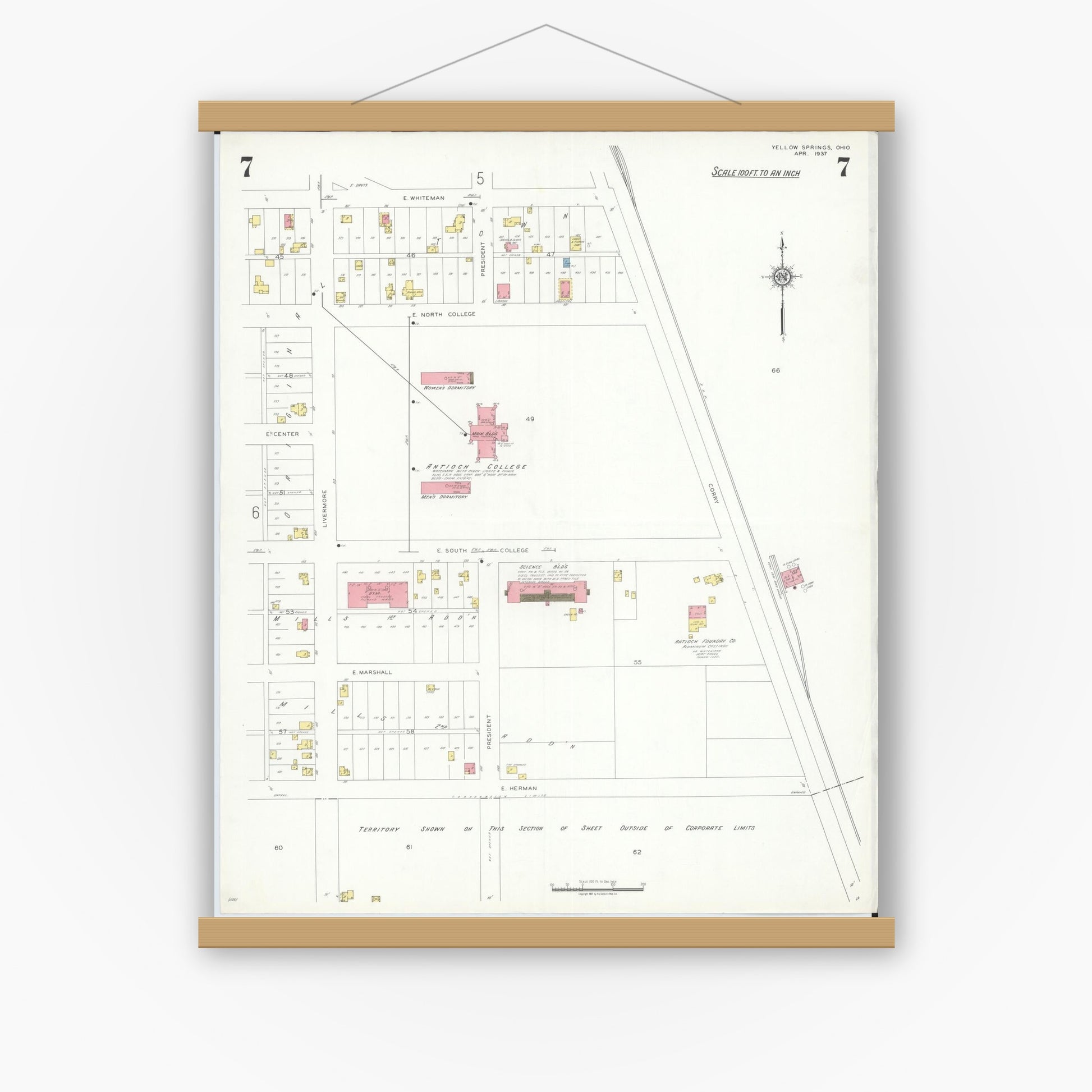 Old map wall art mockup — magnetic wood frame on white wall — Sanborn Fire Insurance Map from Yellow Springs, Greene County, Ohio (1937), Sheet #0007