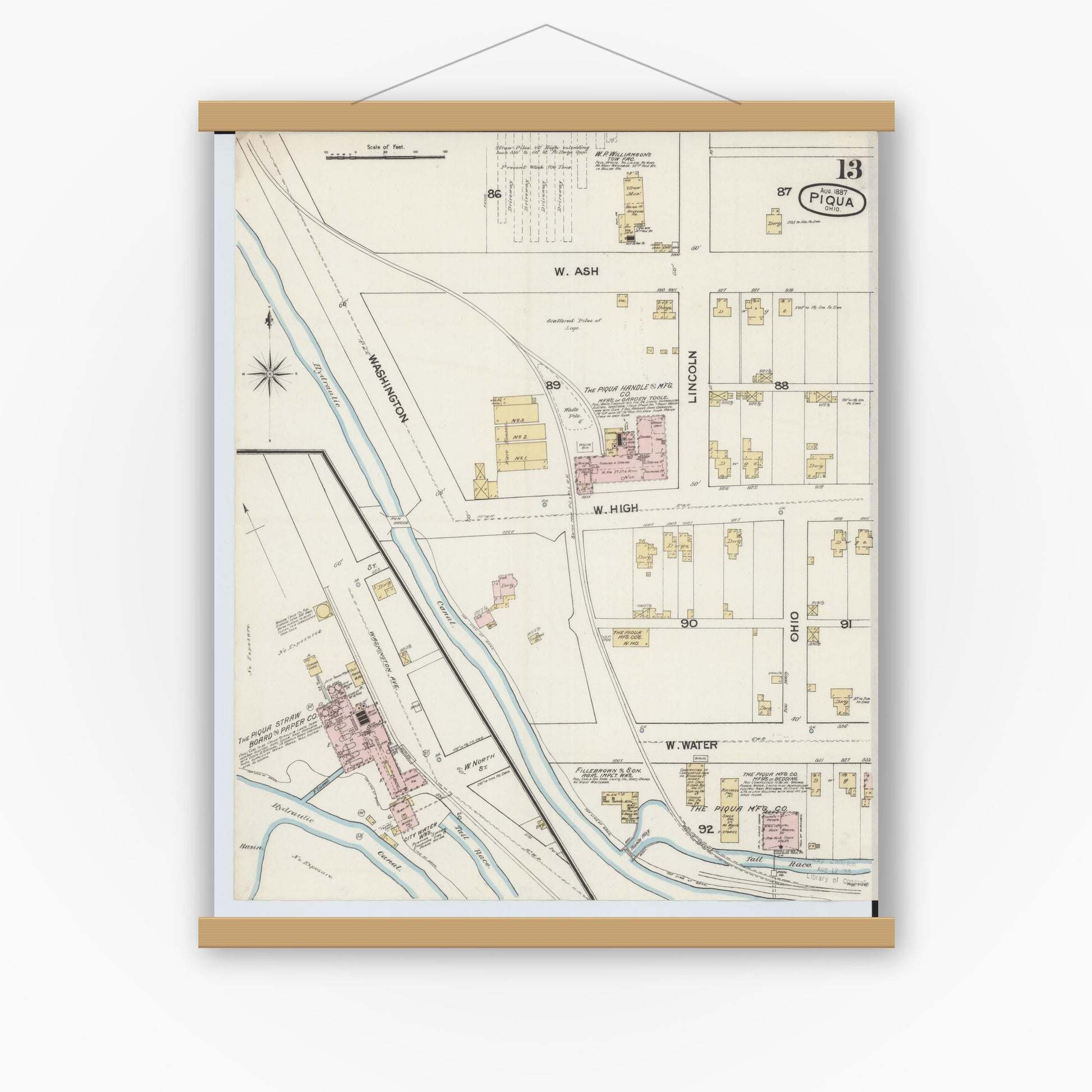Old map wall art mockup — magnetic wood frame on white wall — Sanborn Fire Insurance Map from Piqua, Miami County, Ohio (1887), Sheet #0013