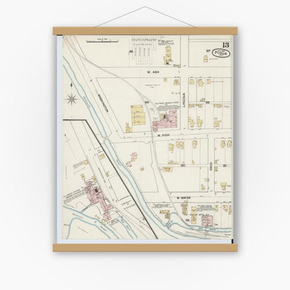 Old map wall art mockup — magnetic wood frame on white wall — Sanborn Fire Insurance Map from Piqua, Miami County, Ohio (1887), Sheet #0013
