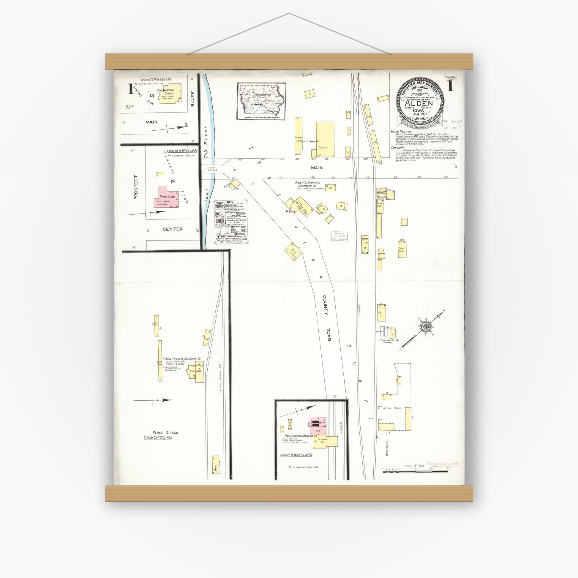 Old map wall art mockup — magnetic wood frame on white wall — Sanborn Fire Insurance Map from Alden, Hardin County, Iowa (1923), Sheet #0001