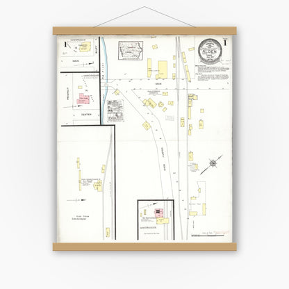 Old map wall art mockup — magnetic wood frame on white wall — Sanborn Fire Insurance Map from Alden, Hardin County, Iowa (1923), Sheet #0001