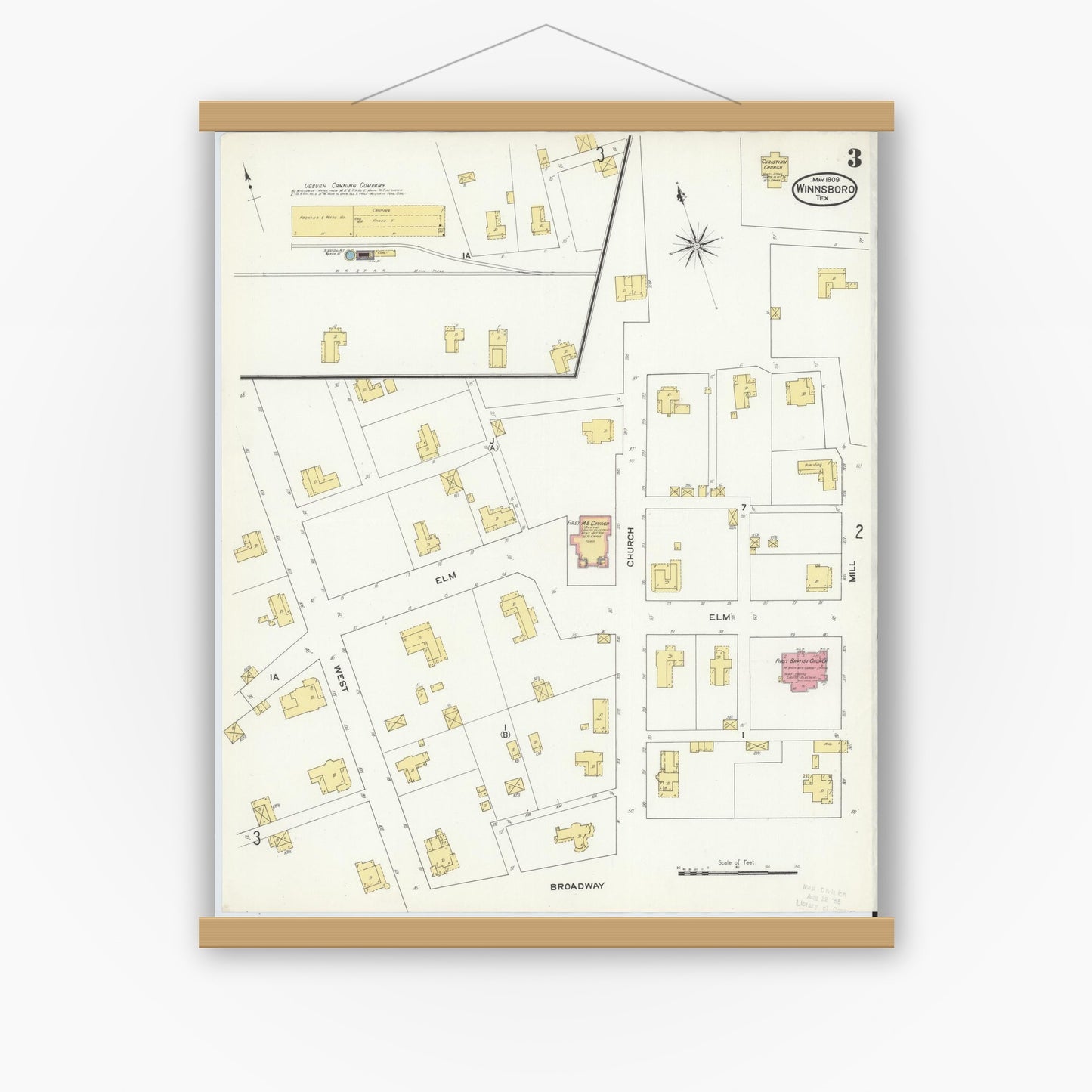 Old map wall art mockup — magnetic wood frame on white wall — Sanborn Fire Insurance Map from Winnsboro, Wood County, Texas (1909), Sheet #0003