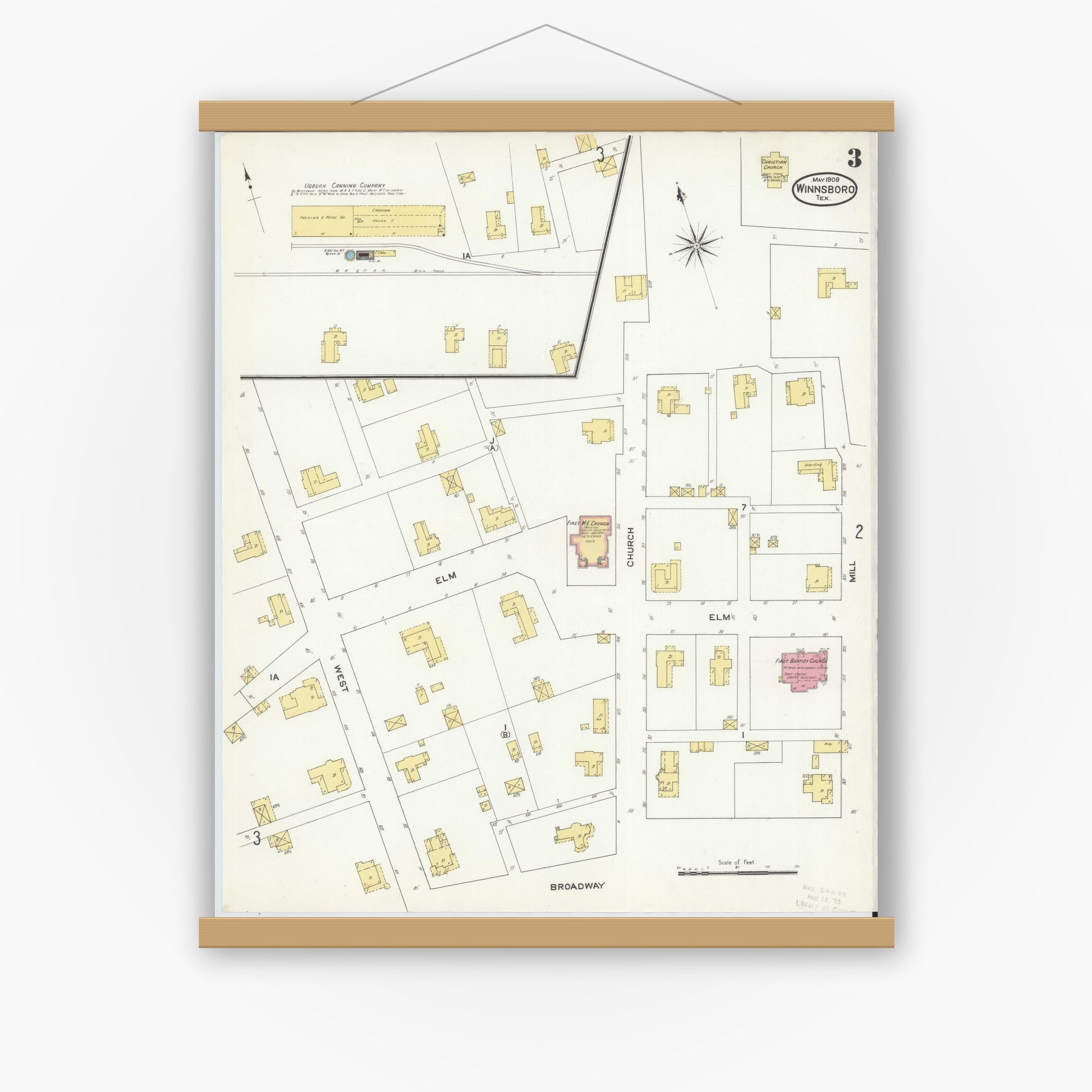 Old map wall art mockup — magnetic wood frame on white wall — Sanborn Fire Insurance Map from Winnsboro, Wood County, Texas (1909), Sheet #0003