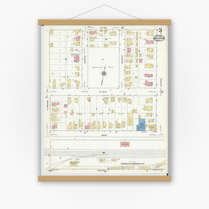 Old map wall art mockup — magnetic wood frame on white wall — Sanborn Fire Insurance Map from Wauseon, Fulton County, Ohio (1916), Sheet #0003