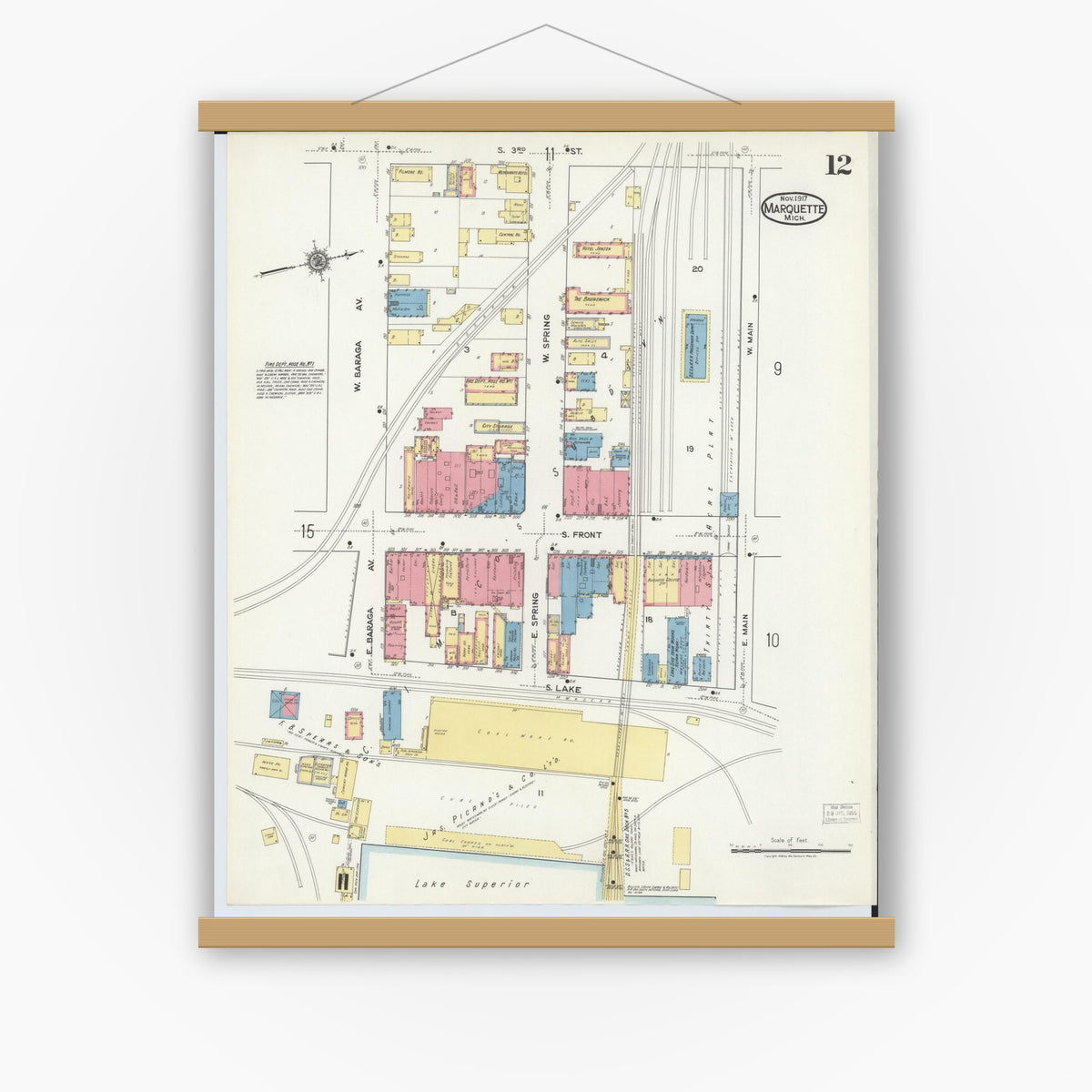 Old map wall art mockup — magnetic wood frame on white wall — Sanborn Fire Insurance Map from Marquette, Marquette County, Michigan (1917), Sheet #0012