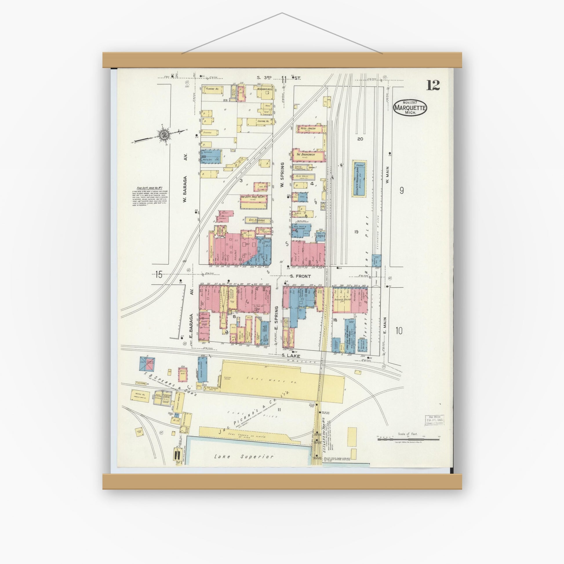 Old map wall art mockup — magnetic wood frame on white wall — Sanborn Fire Insurance Map from Marquette, Marquette County, Michigan (1917), Sheet #0012