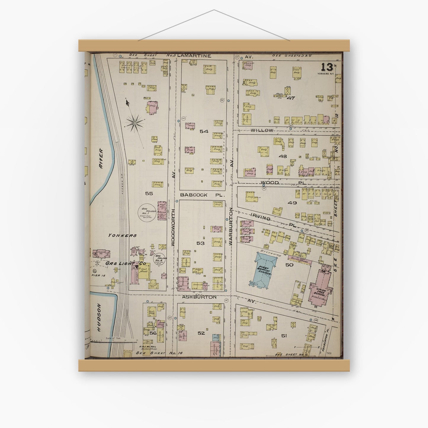 Old map wall art mockup — magnetic wood frame on white wall — Sanborn Fire Insurance Map from Yonkers, Westchester County, New York (1886), Sheet #0013