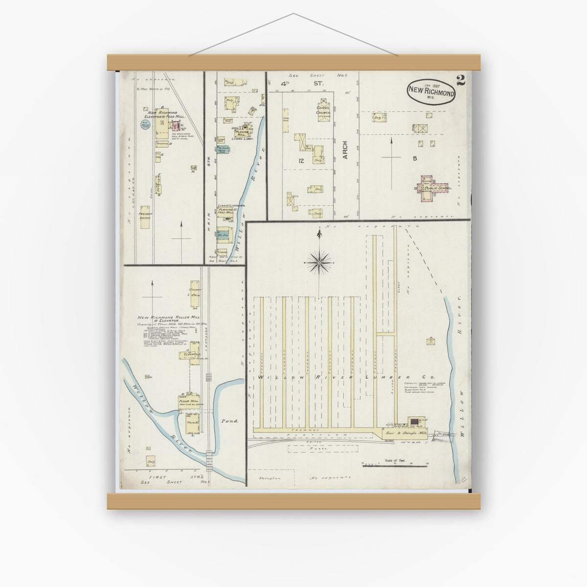 Old map wall art mockup — magnetic wood frame on white wall — Sanborn Fire Insurance Map from New Richmond, St. Croix County, Wisconsin (1887), Sheet #0002