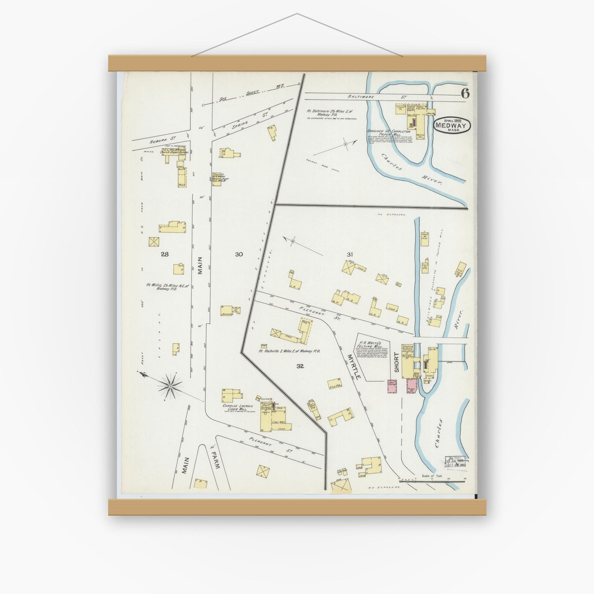 Old map wall art mockup — magnetic wood frame on white wall — Sanborn Fire Insurance Map from Medway, Norfolk County, Massachusetts (1892), Sheet #0006
