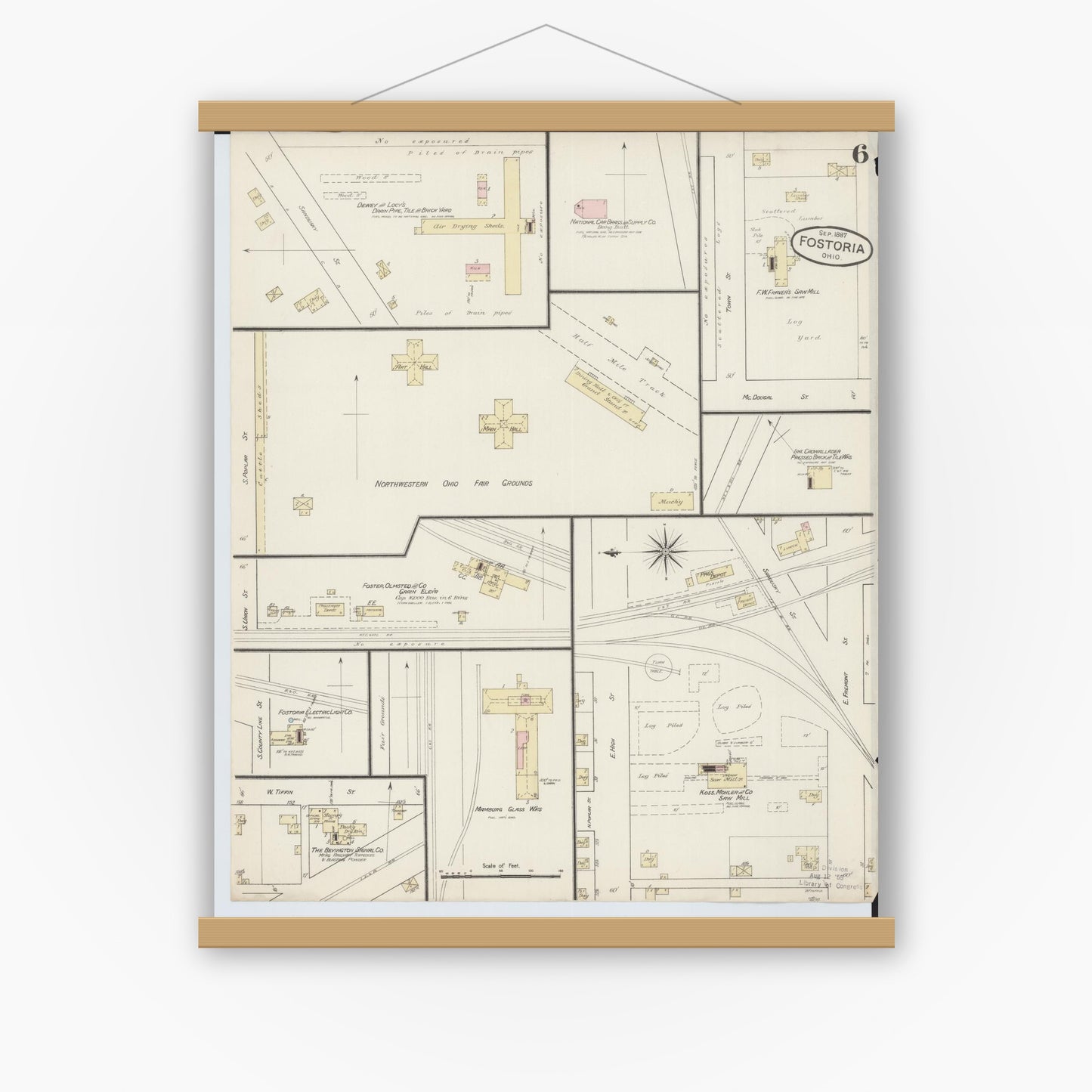 Old map wall art mockup — magnetic wood frame on white wall — Sanborn Fire Insurance Map from Fostoria, Seneca, Hancock, And Wood Counties, Ohio (1887), Sheet #0006
