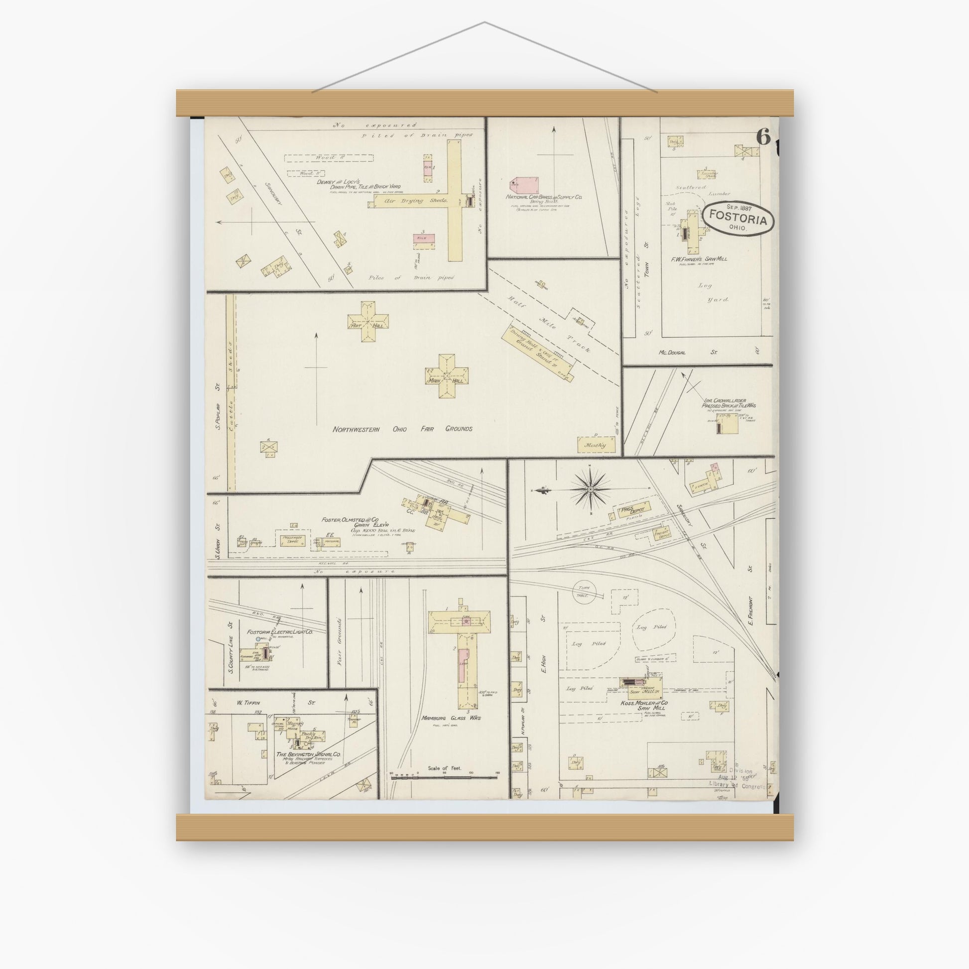 Old map wall art mockup — magnetic wood frame on white wall — Sanborn Fire Insurance Map from Fostoria, Seneca, Hancock, And Wood Counties, Ohio (1887), Sheet #0006