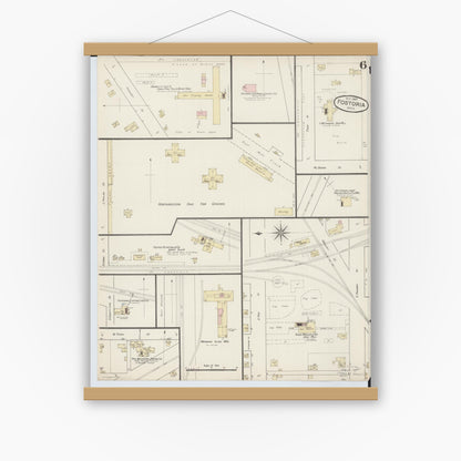 Old map wall art mockup — magnetic wood frame on white wall — Sanborn Fire Insurance Map from Fostoria, Seneca, Hancock, And Wood Counties, Ohio (1887), Sheet #0006