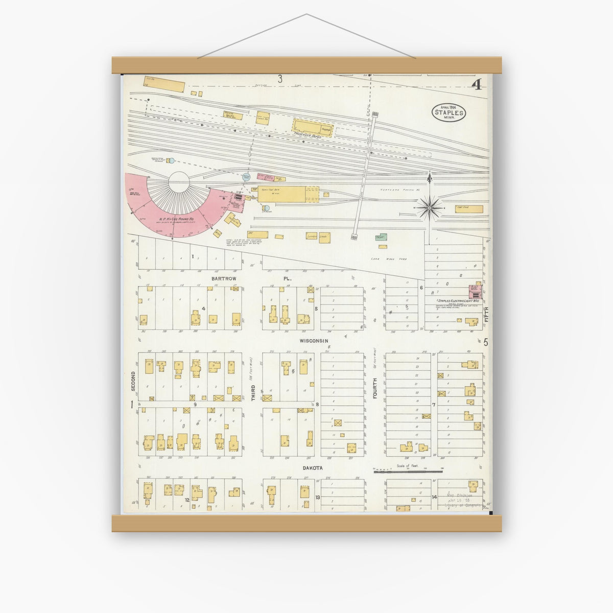 Old map wall art mockup — magnetic wood frame on white wall — Sanborn Fire Insurance Map from Staples, Todd County, Minnesota (1904), Sheet #0004
