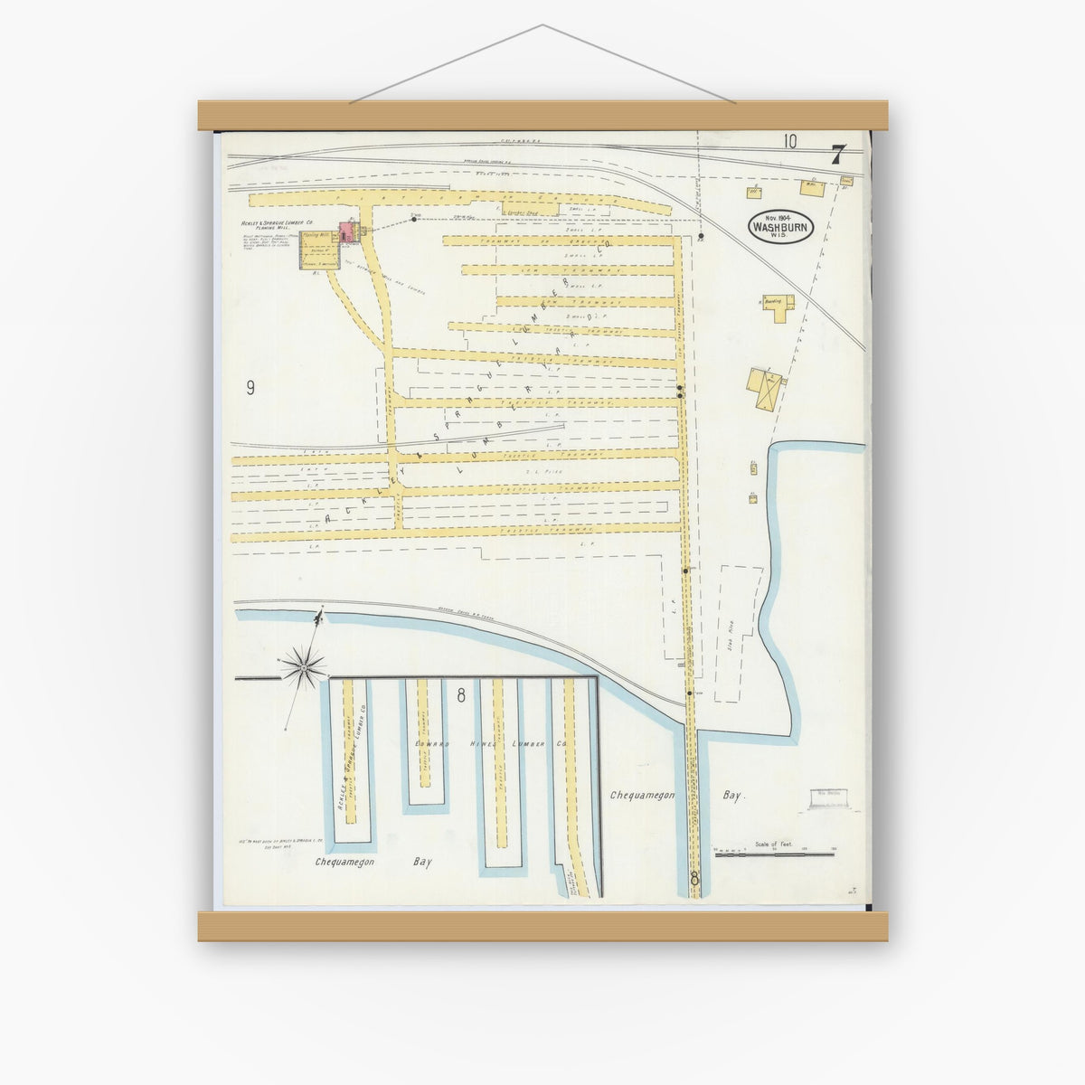 Old map wall art mockup — magnetic wood frame on white wall — Sanborn Fire Insurance Map from Washburn, Bayfield County, Wisconsin (1904), Sheet #0007