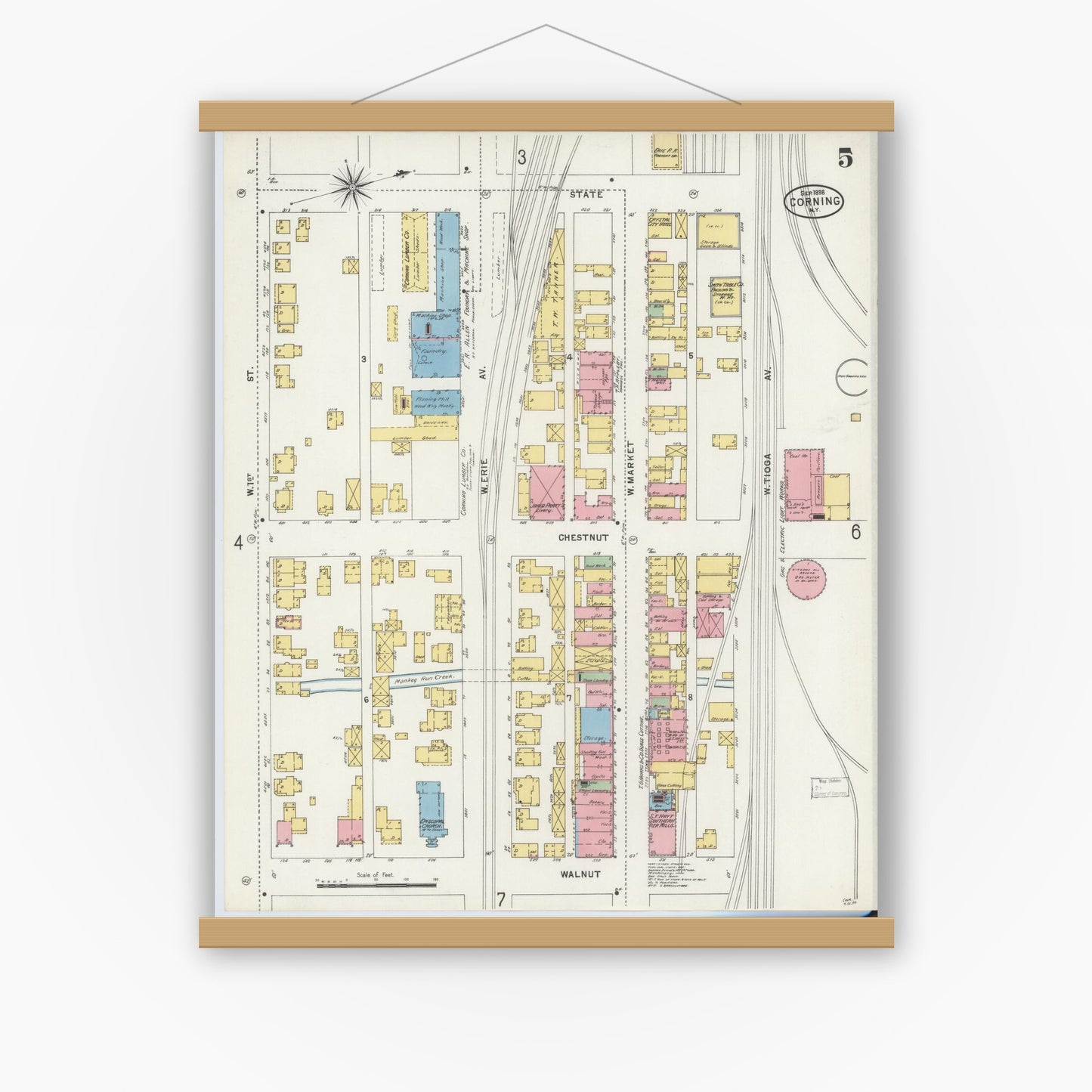 Old map wall art mockup — magnetic wood frame on white wall — Sanborn Fire Insurance Map from Corning, Steuben County, New York (1898), Sheet #0005