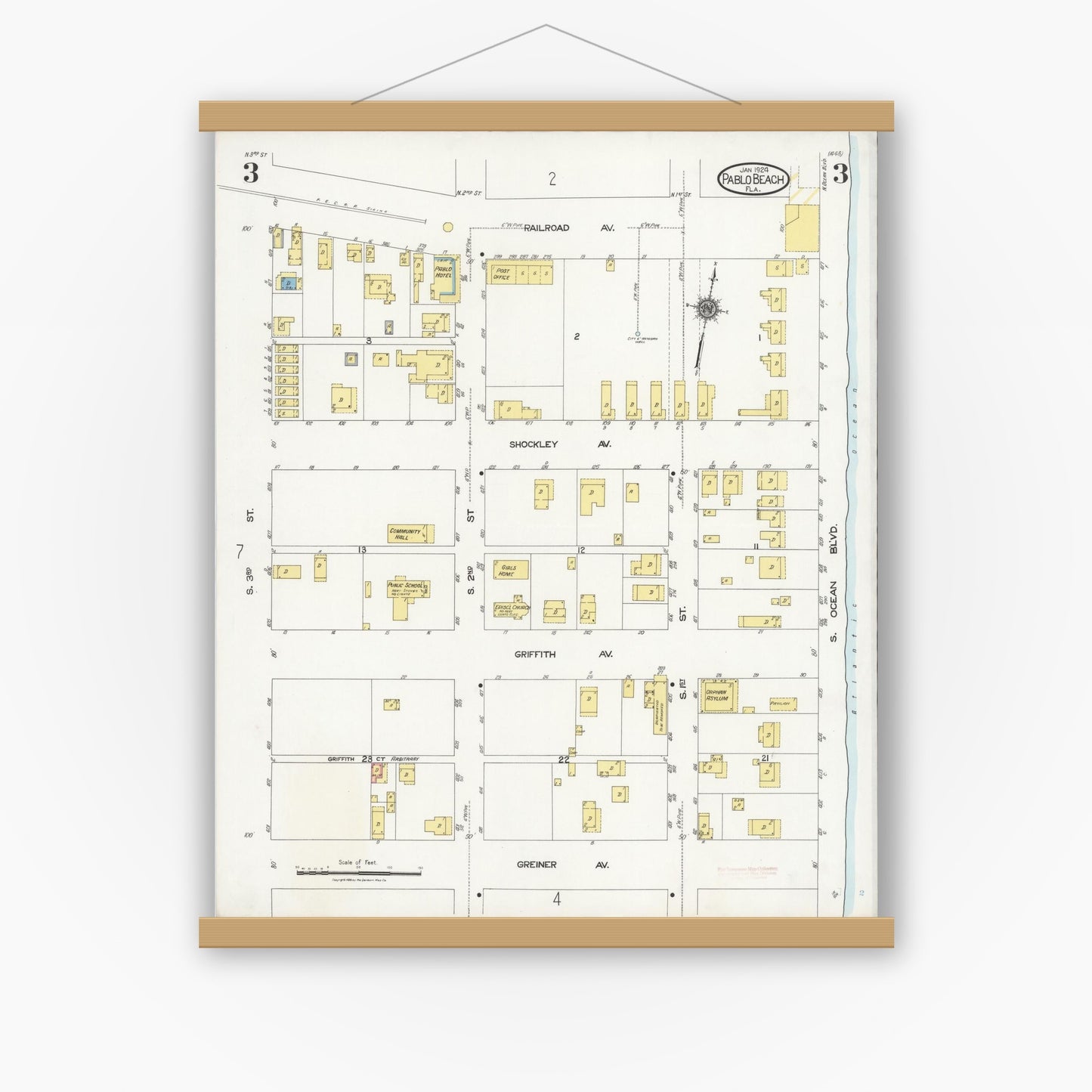 Old map wall art mockup — magnetic wood frame on white wall — Sanborn Fire Insurance Map from Pablo Beach, Duval County, Florida (1924), Sheet #0003