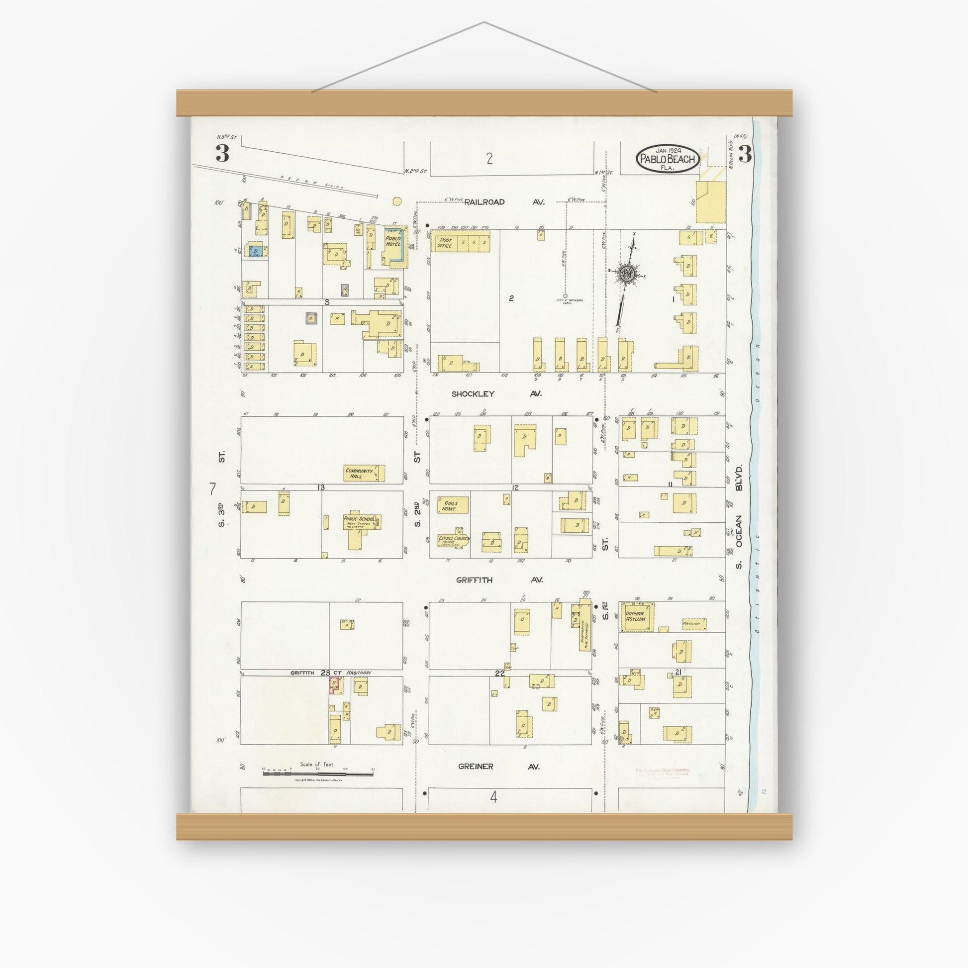Old map wall art mockup — magnetic wood frame on white wall — Sanborn Fire Insurance Map from Pablo Beach, Duval County, Florida (1924), Sheet #0003