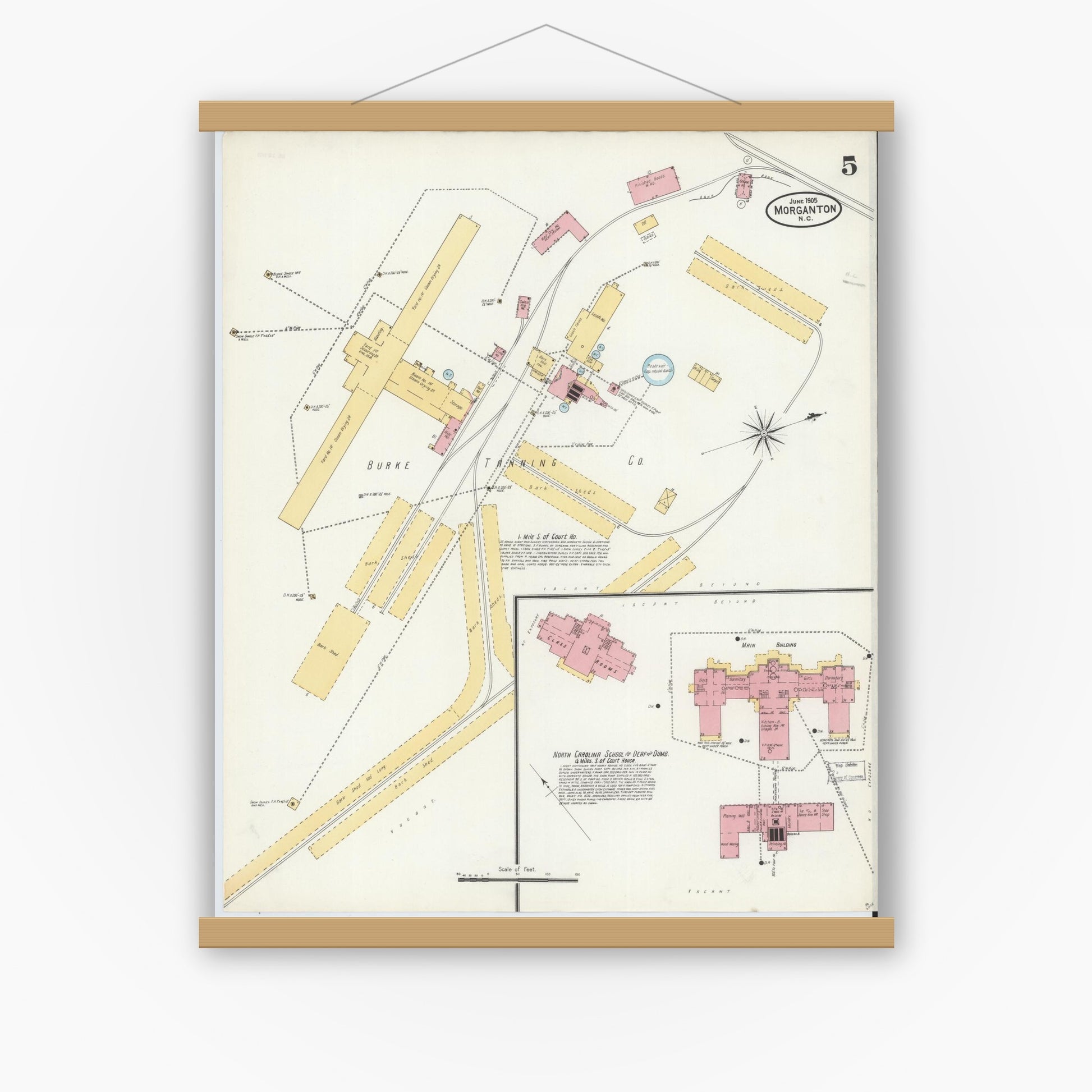 Old map wall art mockup — magnetic wood frame on white wall — Sanborn Fire Insurance Map from Morganton, Burke County, North Carolina (1905), Sheet #0005