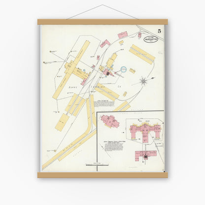 Old map wall art mockup — magnetic wood frame on white wall — Sanborn Fire Insurance Map from Morganton, Burke County, North Carolina (1905), Sheet #0005