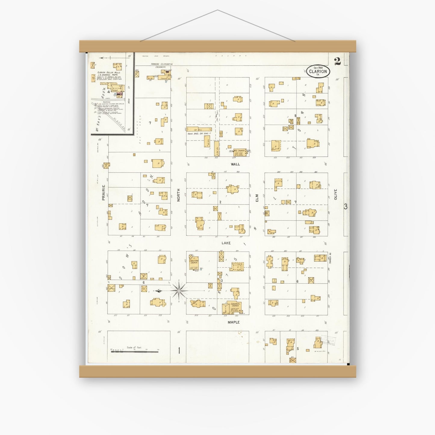 Old map wall art mockup — magnetic wood frame on white wall — Sanborn Fire Insurance Map from Clarion, Wright County, Iowa (1900), Sheet #0002