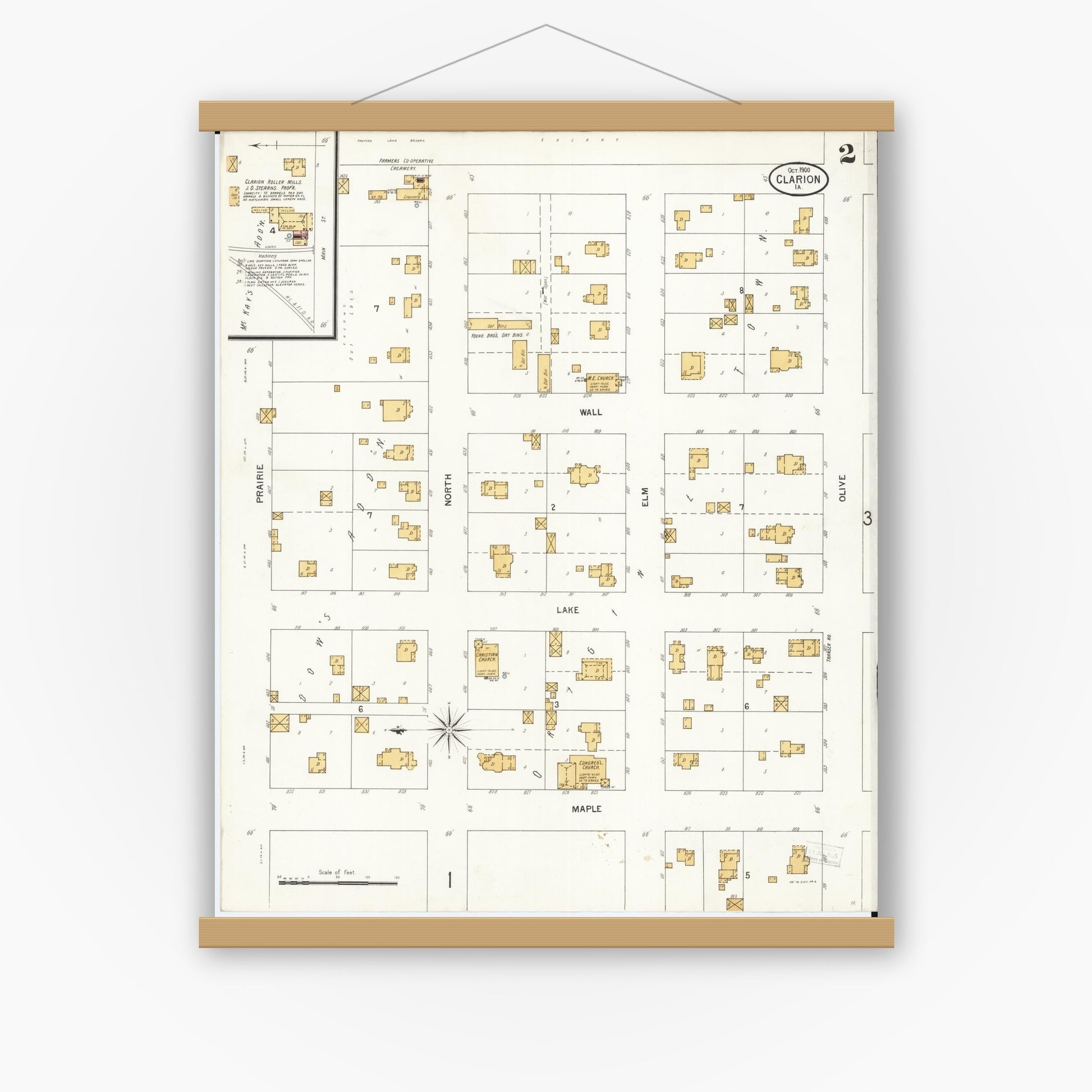 Old map wall art mockup — magnetic wood frame on white wall — Sanborn Fire Insurance Map from Clarion, Wright County, Iowa (1900), Sheet #0002