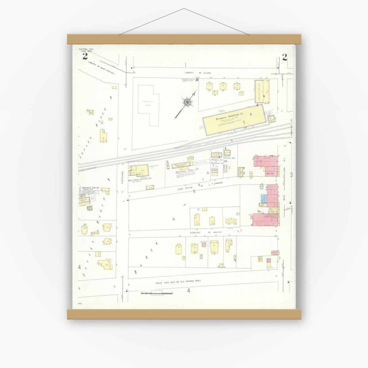 Old map wall art mockup — magnetic wood frame on white wall — Sanborn Fire Insurance Map from Dayton, Liberty County, Texas (1943), Sheet #0002