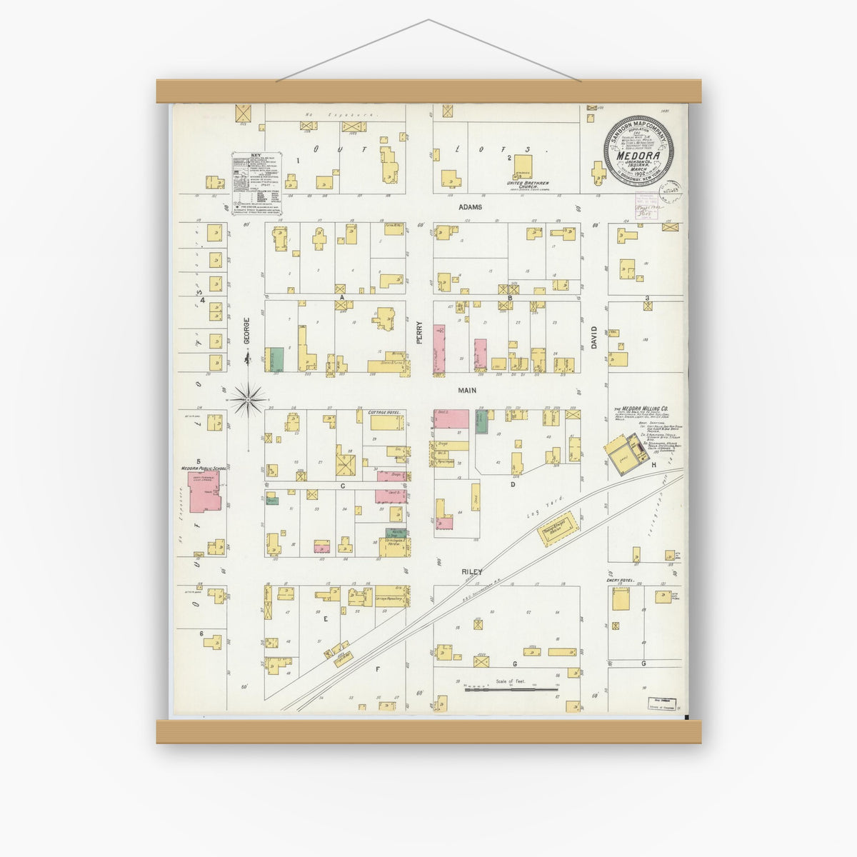 Old map wall art mockup — magnetic wood frame on white wall — Sanborn Fire Insurance Map from Medora, Jackson County, Indiana (1902), Sheet #0001