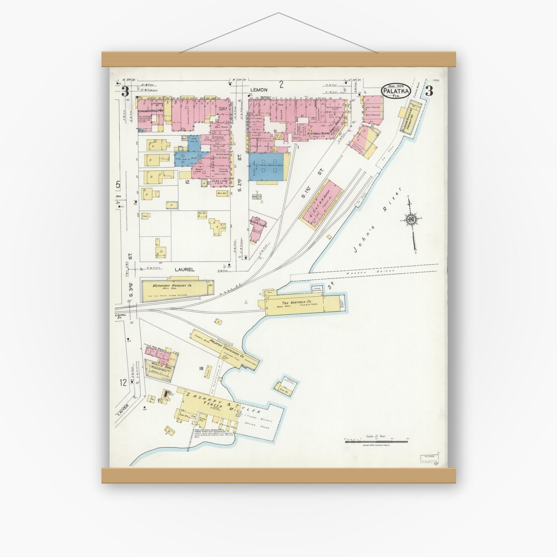 Old map wall art mockup — magnetic wood frame on white wall — Sanborn Fire Insurance Map from Palatka, Putnam County, Florida (1924), Sheet #0003