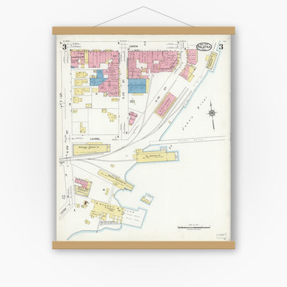 Old map wall art mockup — magnetic wood frame on white wall — Sanborn Fire Insurance Map from Palatka, Putnam County, Florida (1924), Sheet #0003