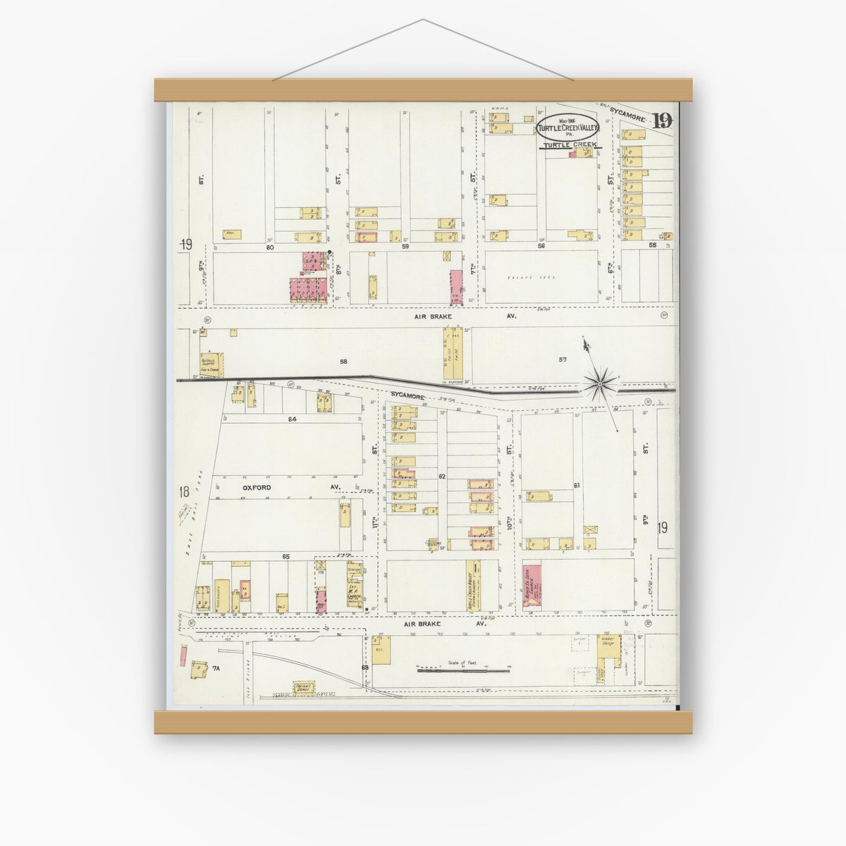 Old map wall art mockup — magnetic wood frame on white wall — Sanborn Fire Insurance Map from Turtle Creek Valley, Allegheny County, Pennsylvania (1906), Sheet #0019