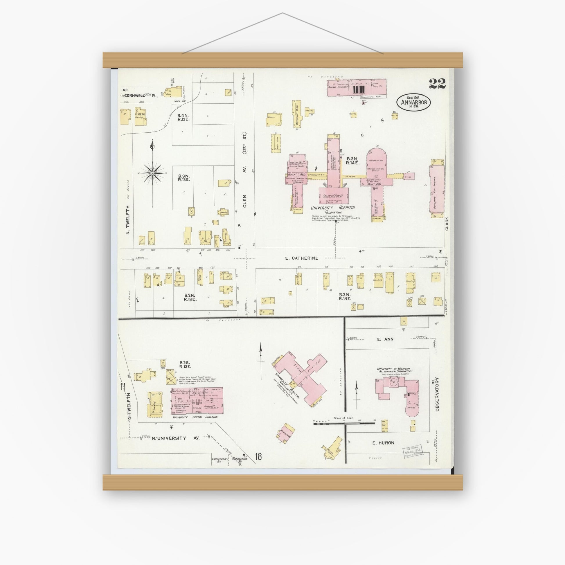 Old map wall art mockup — magnetic wood frame on white wall — Sanborn Fire Insurance Map from Ann Arbor, Washtenaw County, Michigan (1908), Sheet #0022