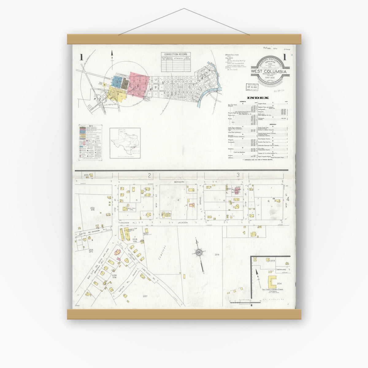 Old map wall art mockup — magnetic wood frame on white wall — Sanborn Fire Insurance Map from West Columbia, Brazoria County, Texas (1936) - Complete Map Set