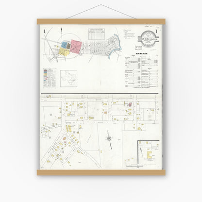 Old map wall art mockup — magnetic wood frame on white wall — Sanborn Fire Insurance Map from West Columbia, Brazoria County, Texas (1936) - Complete Map Set