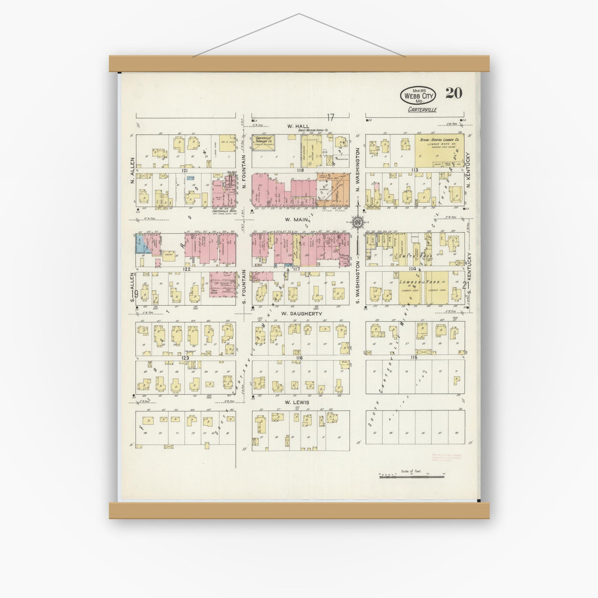 Old map wall art mockup — magnetic wood frame on white wall — Sanborn Fire Insurance Map from Webb City, Jasper County, Missouri (1915), Sheet #0020