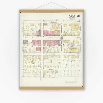 Old map wall art mockup — magnetic wood frame on white wall — Sanborn Fire Insurance Map from Webb City, Jasper County, Missouri (1915), Sheet #0020