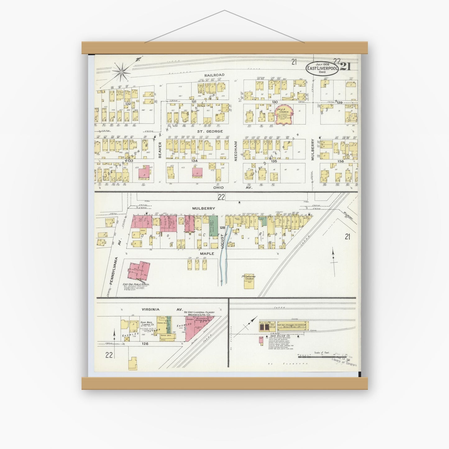 Old map wall art mockup — magnetic wood frame on white wall — Sanborn Fire Insurance Map from East Liverpool, Columbiana County, Ohio (1908), Sheet #0021
