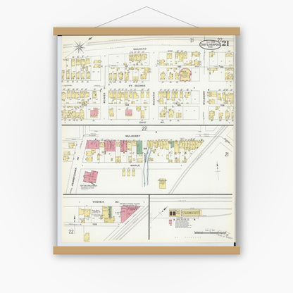 Old map wall art mockup — magnetic wood frame on white wall — Sanborn Fire Insurance Map from East Liverpool, Columbiana County, Ohio (1908), Sheet #0021