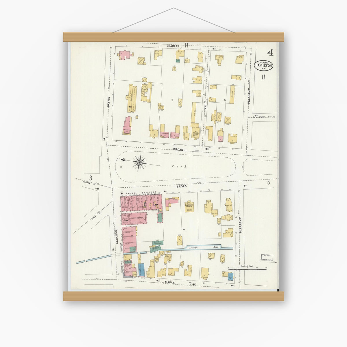 Old map wall art mockup — magnetic wood frame on white wall — Sanborn Fire Insurance Map from Hamilton, Madison County, New York (1906), Sheet #0004