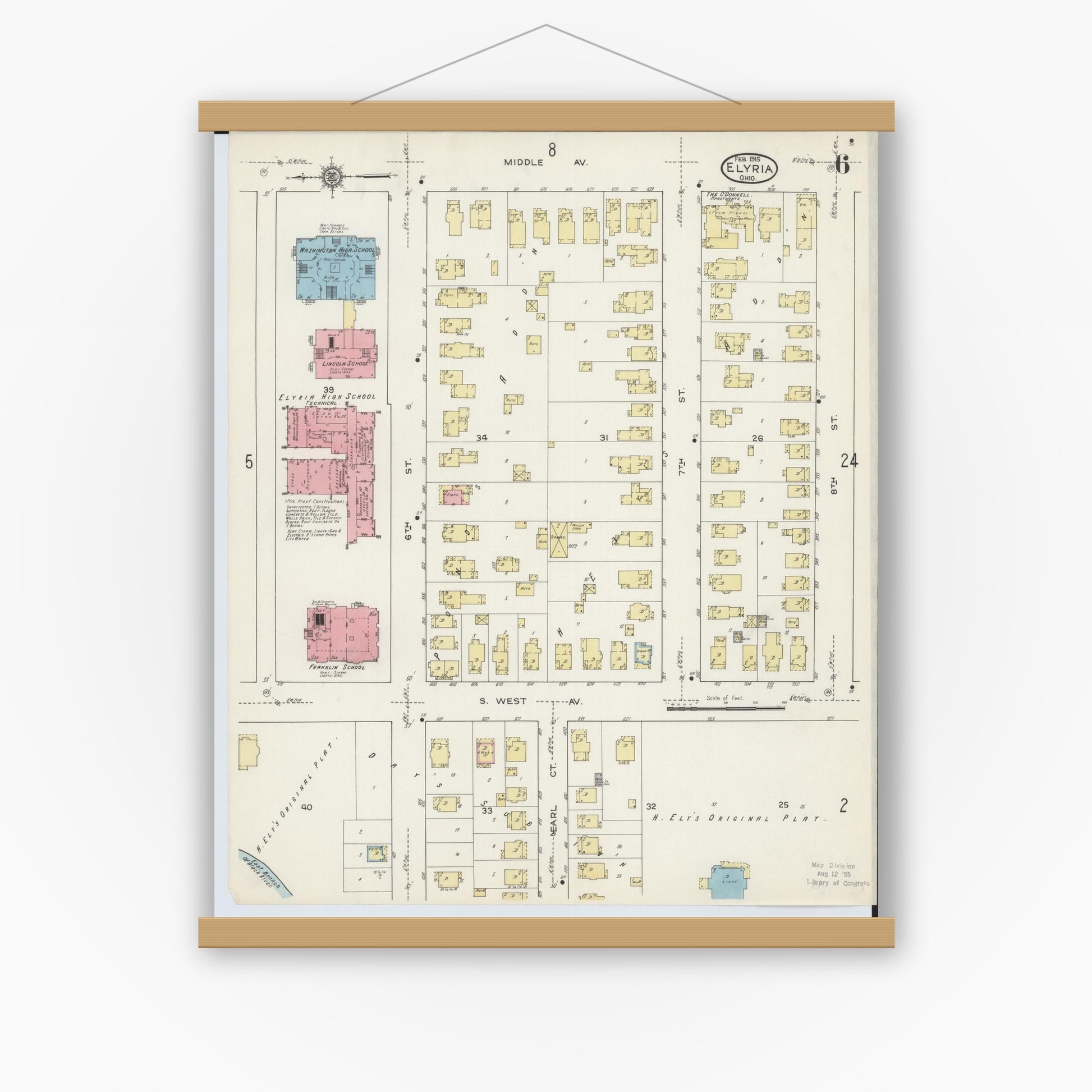 Old map wall art mockup — magnetic wood frame on white wall — Sanborn Fire Insurance Map from Elyria, Lorain County, Ohio (1915), Sheet #0006