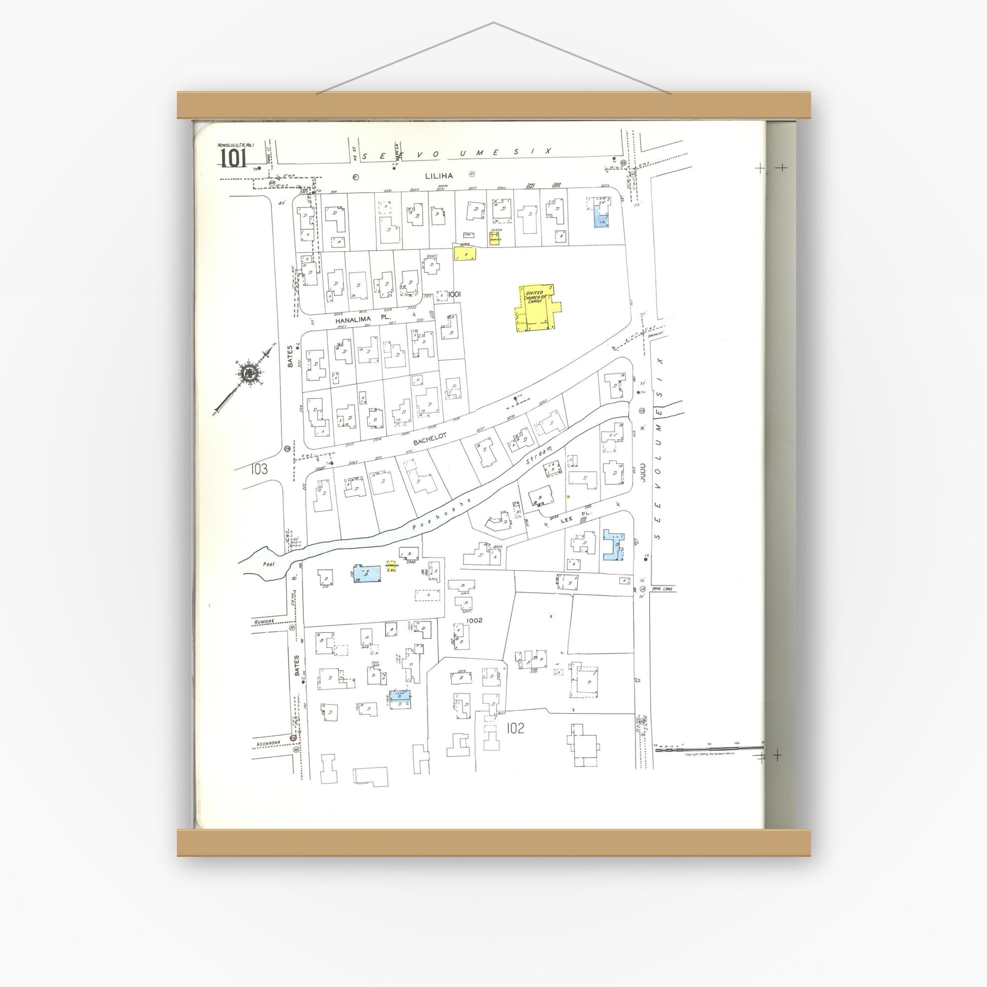 Old map wall art mockup — magnetic wood frame on white wall — Sanborn Fire Insurance Map from Honolulu, Oahu County, Hawaii (1955) — Complete Set