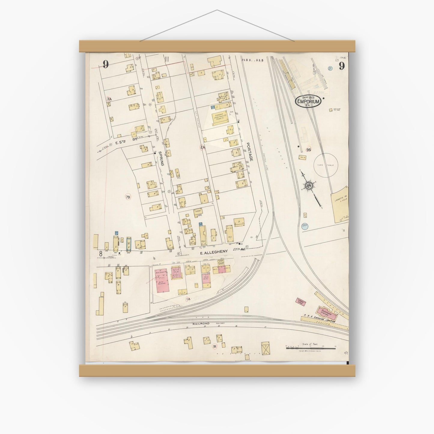 Old map wall art mockup — magnetic wood frame on white wall — Sanborn Fire Insurance Map from Emporium, Cameron County, Pennsylvania (1938), Sheet #0009