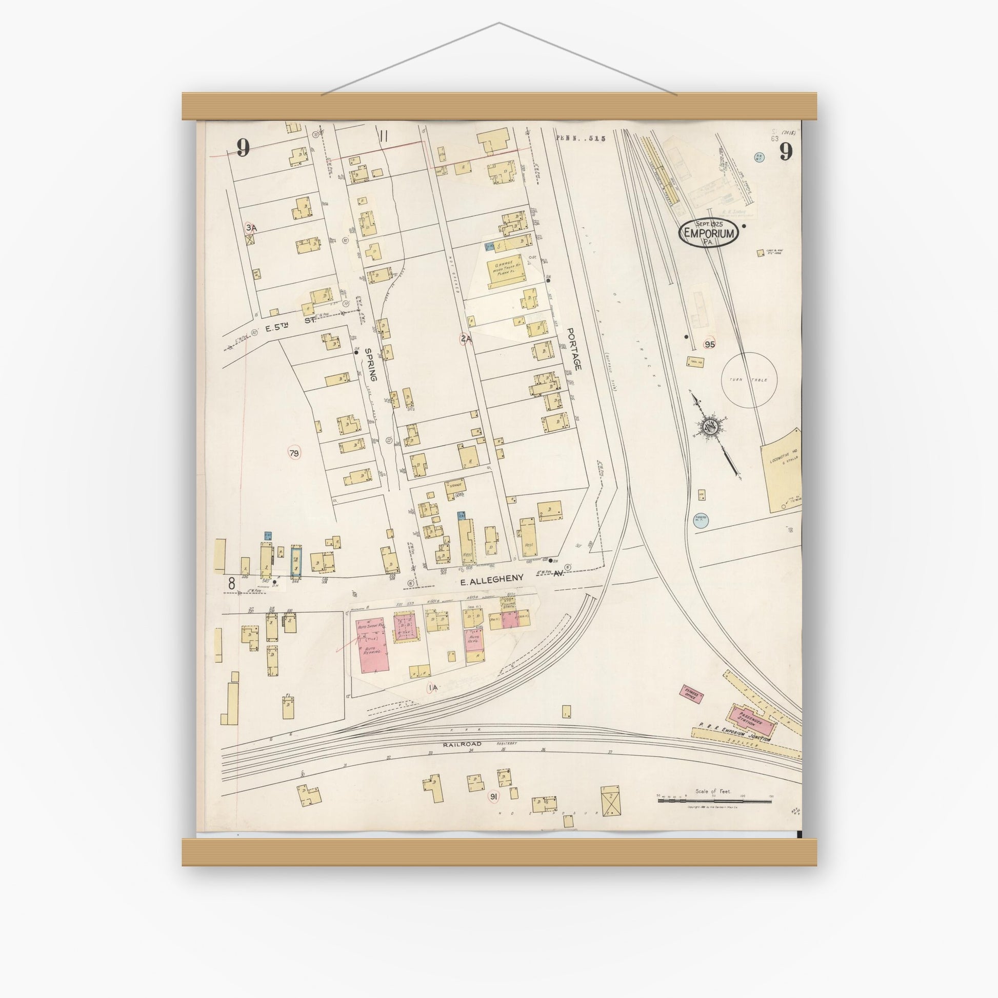 Old map wall art mockup — magnetic wood frame on white wall — Sanborn Fire Insurance Map from Emporium, Cameron County, Pennsylvania (1938), Sheet #0009