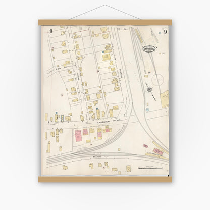 Old map wall art mockup — magnetic wood frame on white wall — Sanborn Fire Insurance Map from Emporium, Cameron County, Pennsylvania (1938), Sheet #0009