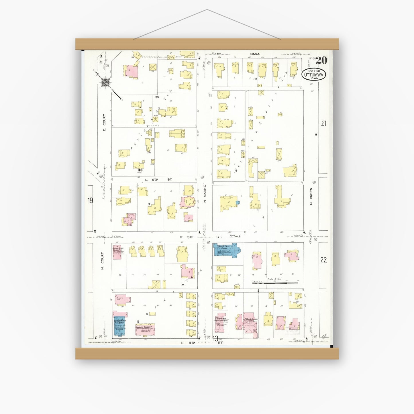 Old map wall art mockup — magnetic wood frame on white wall — Sanborn Fire Insurance Map from Ottumwa, Wapello County, Iowa (1909), Sheet #0020