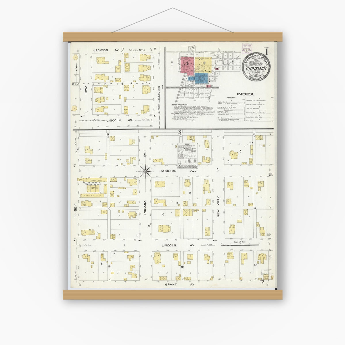 Old map wall art mockup — magnetic wood frame on white wall — Sanborn Fire Insurance Map from Chrisman, Edgar County, Illinois (1908), Sheet #0001