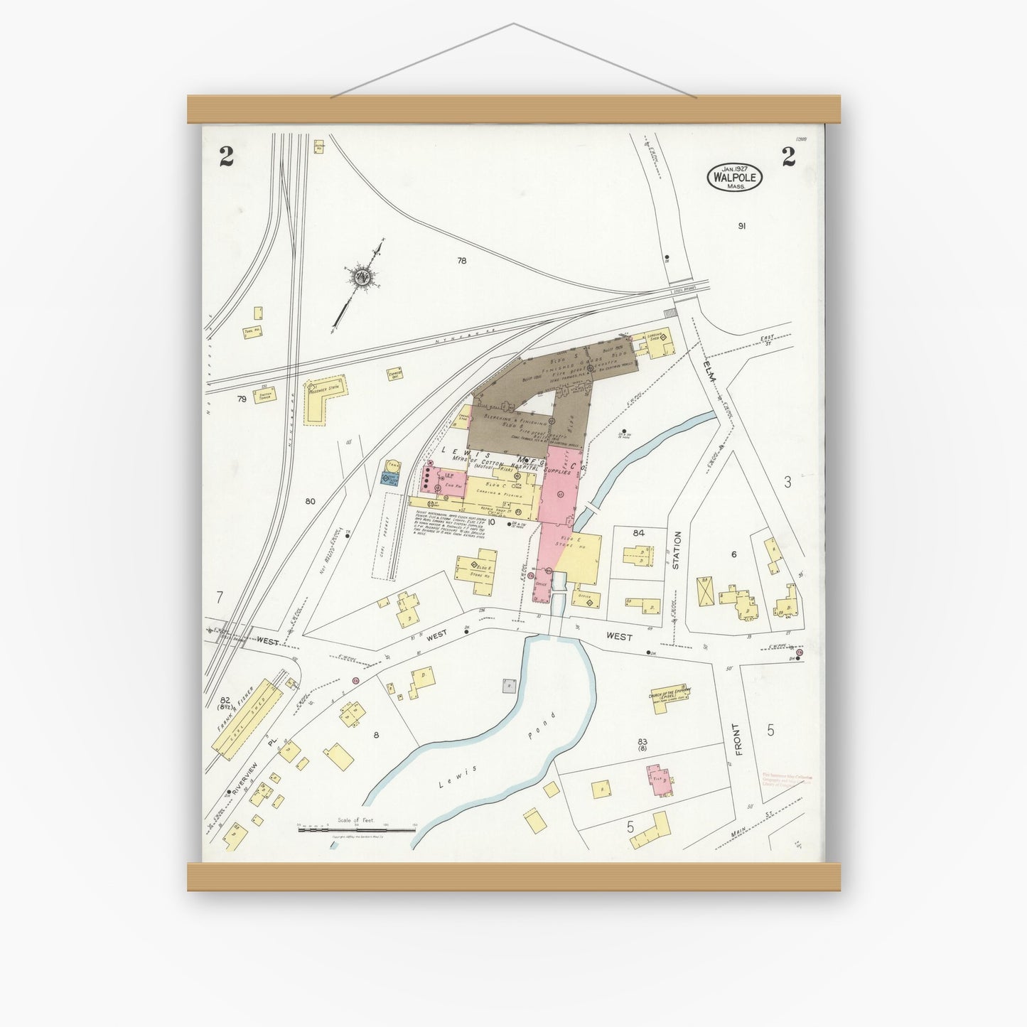 Old map wall art mockup — magnetic wood frame on white wall — Sanborn Fire Insurance Map from Walpole, Norfolk County, Massachusetts (1927), Sheet #0002