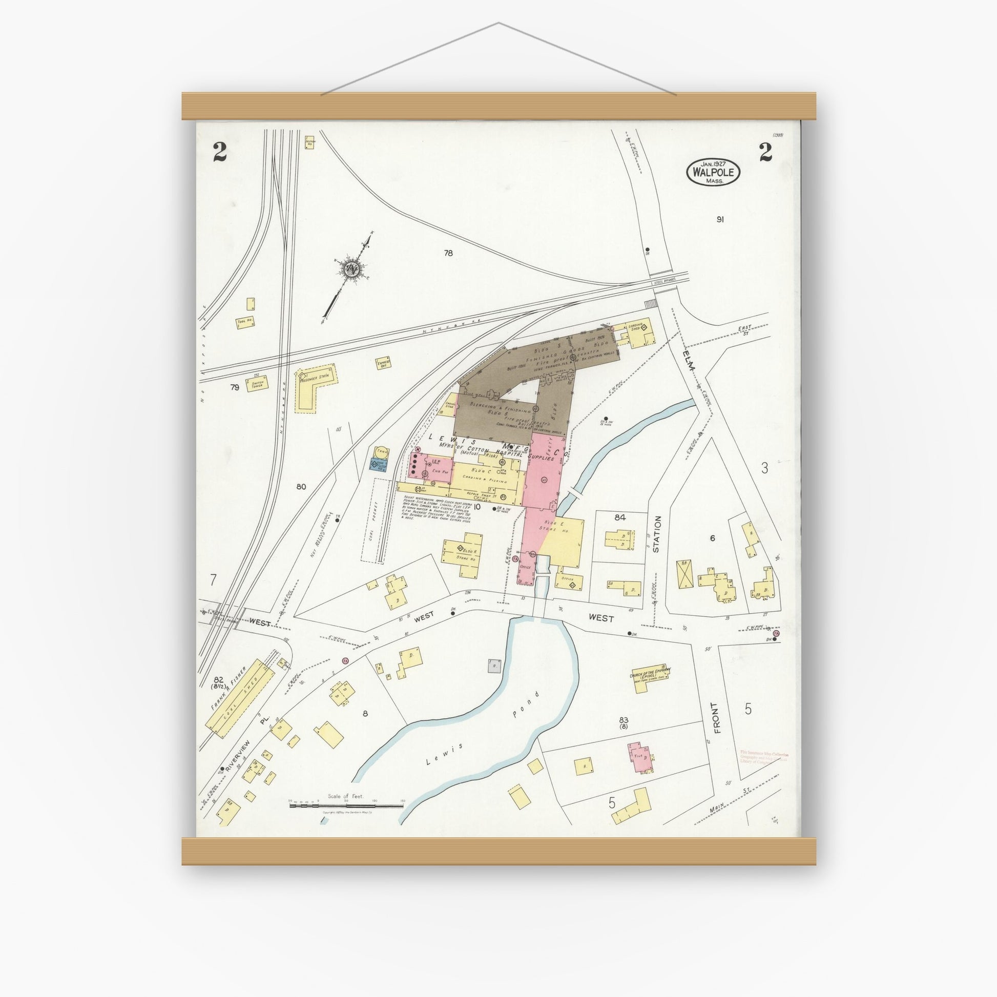 Old map wall art mockup — magnetic wood frame on white wall — Sanborn Fire Insurance Map from Walpole, Norfolk County, Massachusetts (1927), Sheet #0002