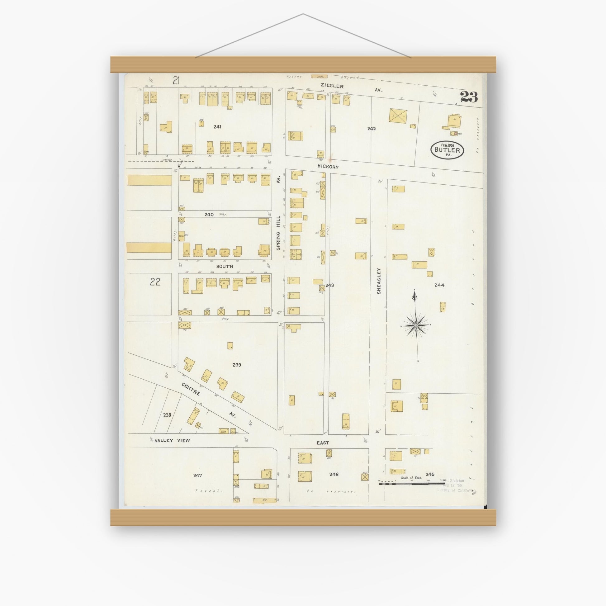 Old map wall art mockup — magnetic wood frame on white wall — Sanborn Fire Insurance Map from Butler, Butler County, Pennsylvania (1906), Sheet #0023