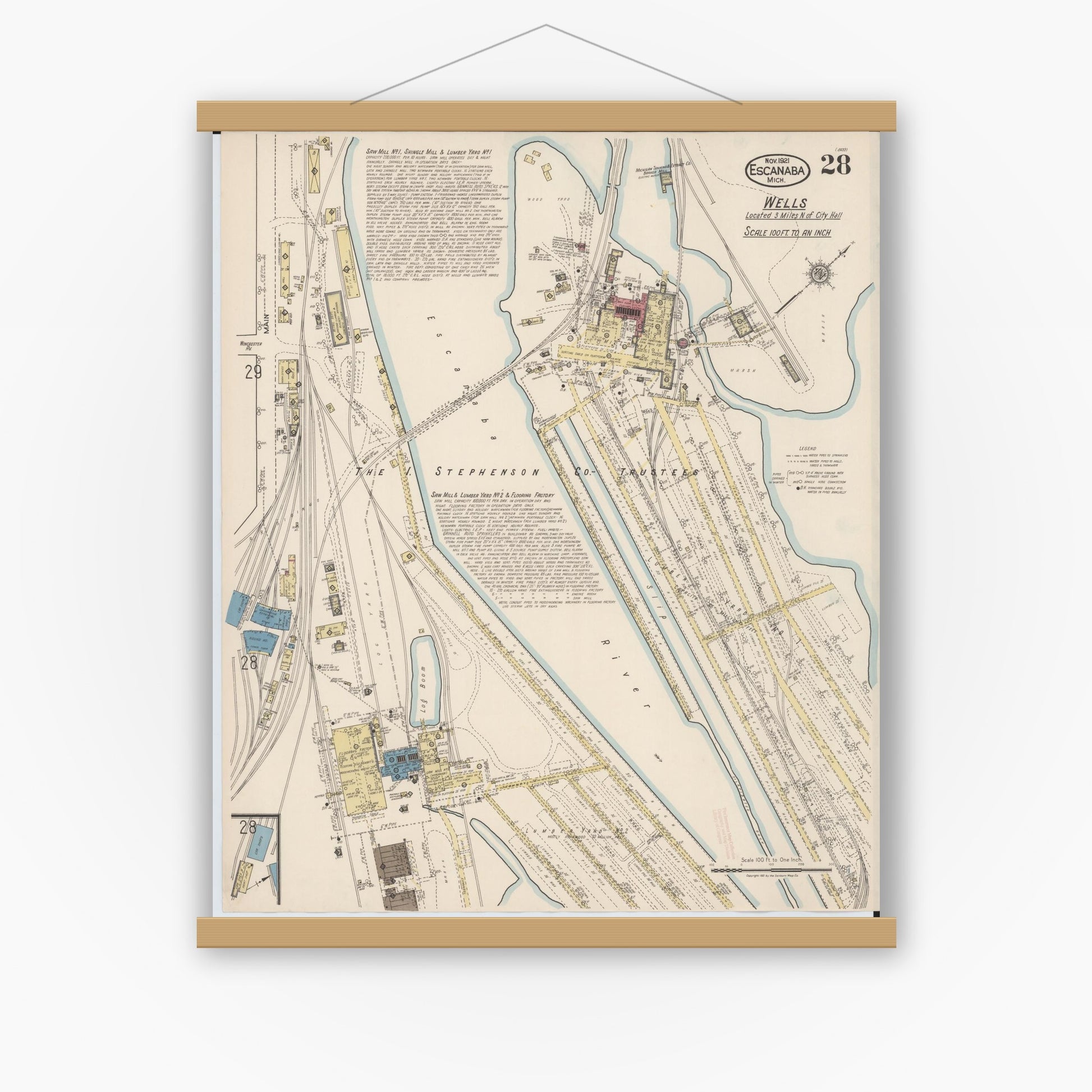 Old map wall art mockup — magnetic wood frame on white wall — Sanborn Fire Insurance Map from Escanaba, Delta County, Michigan (1921), Sheet #0028