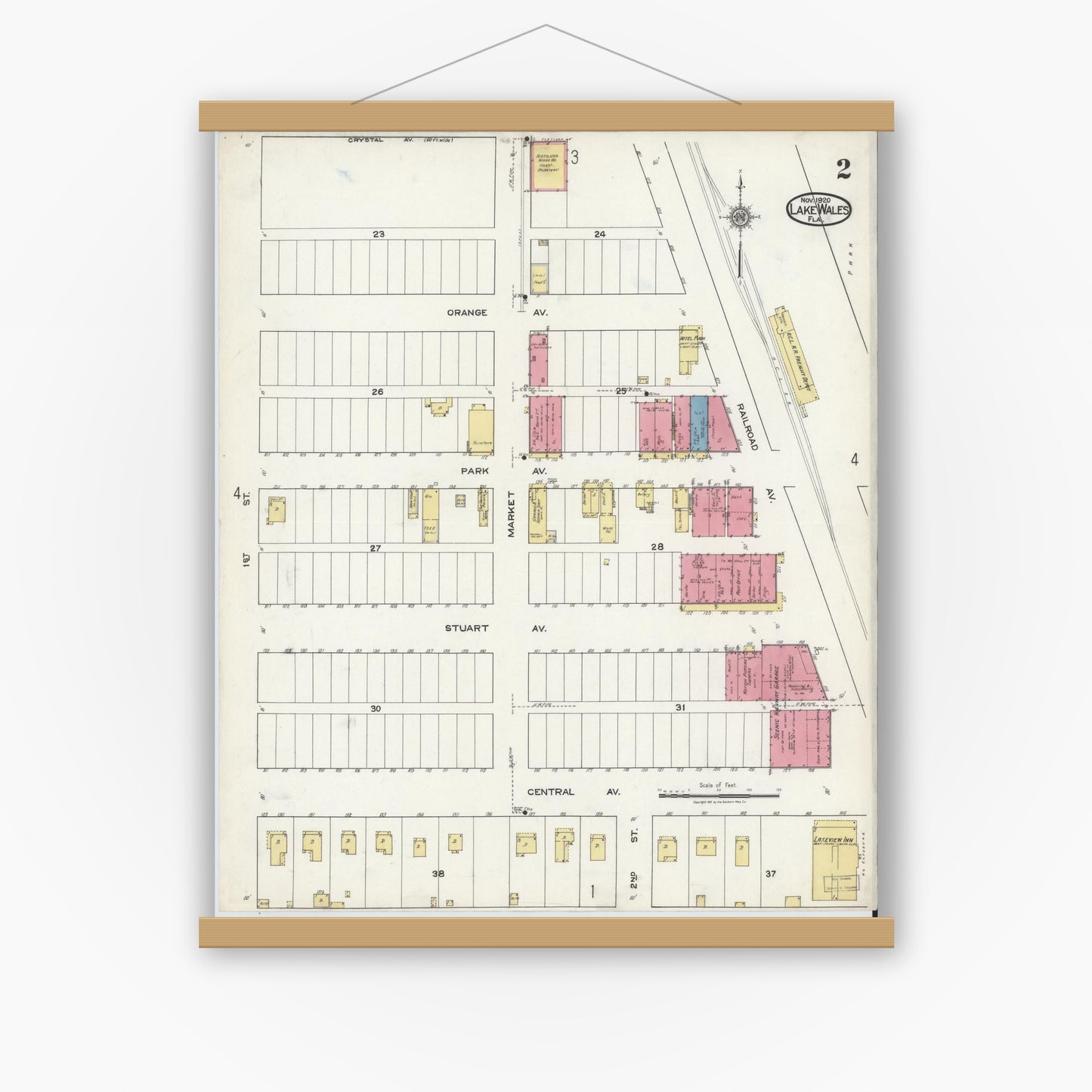 Old map wall art mockup — magnetic wood frame on white wall — Sanborn Fire Insurance Map from Lake Wales, Polk County, Florida (1920), Sheet #0002